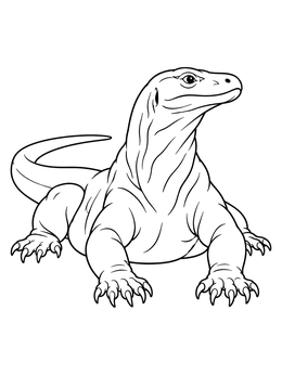 An alert Komodo dragon coloring page showing the giant lizard resting with its head raised.