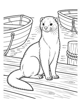 A mink coloring page showing an alert mink sitting on a wooden dock beside moored rowboats.