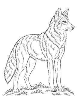 An alert red wolf coloring page standing in profile on a small patch of grass.