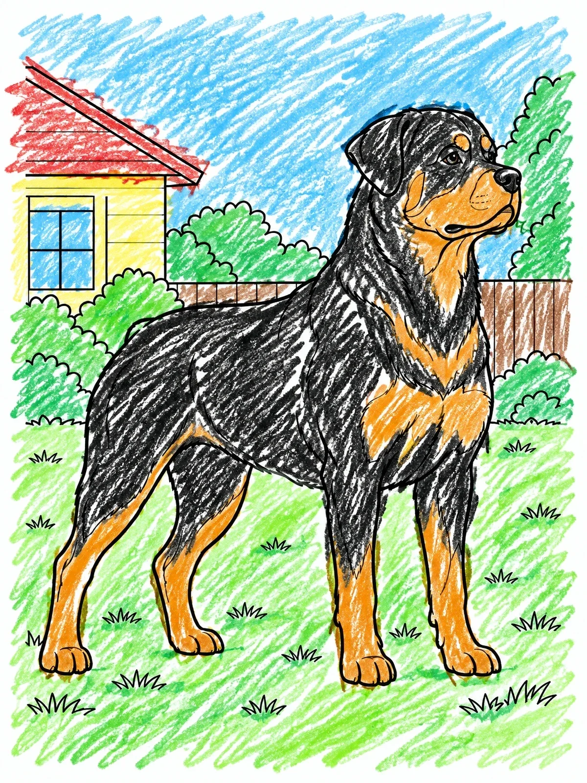 Colored example of the Alert Rottweiler In The Yard coloring page