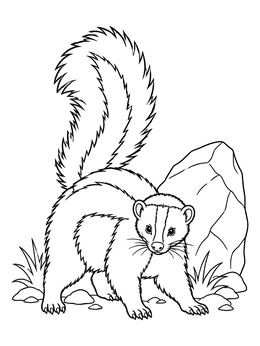 An alert skunk coloring page with raised bushy tail next to a large rock.