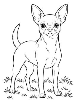 An attentive chihuahua coloring page showing a smooth-coat dog standing in the grass.