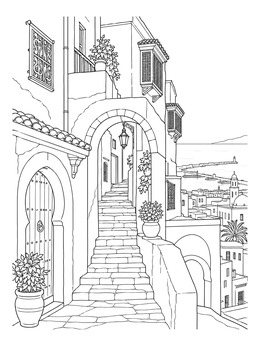Casbah of Algiers stone steps leading to a sea view in this algeria coloring page.