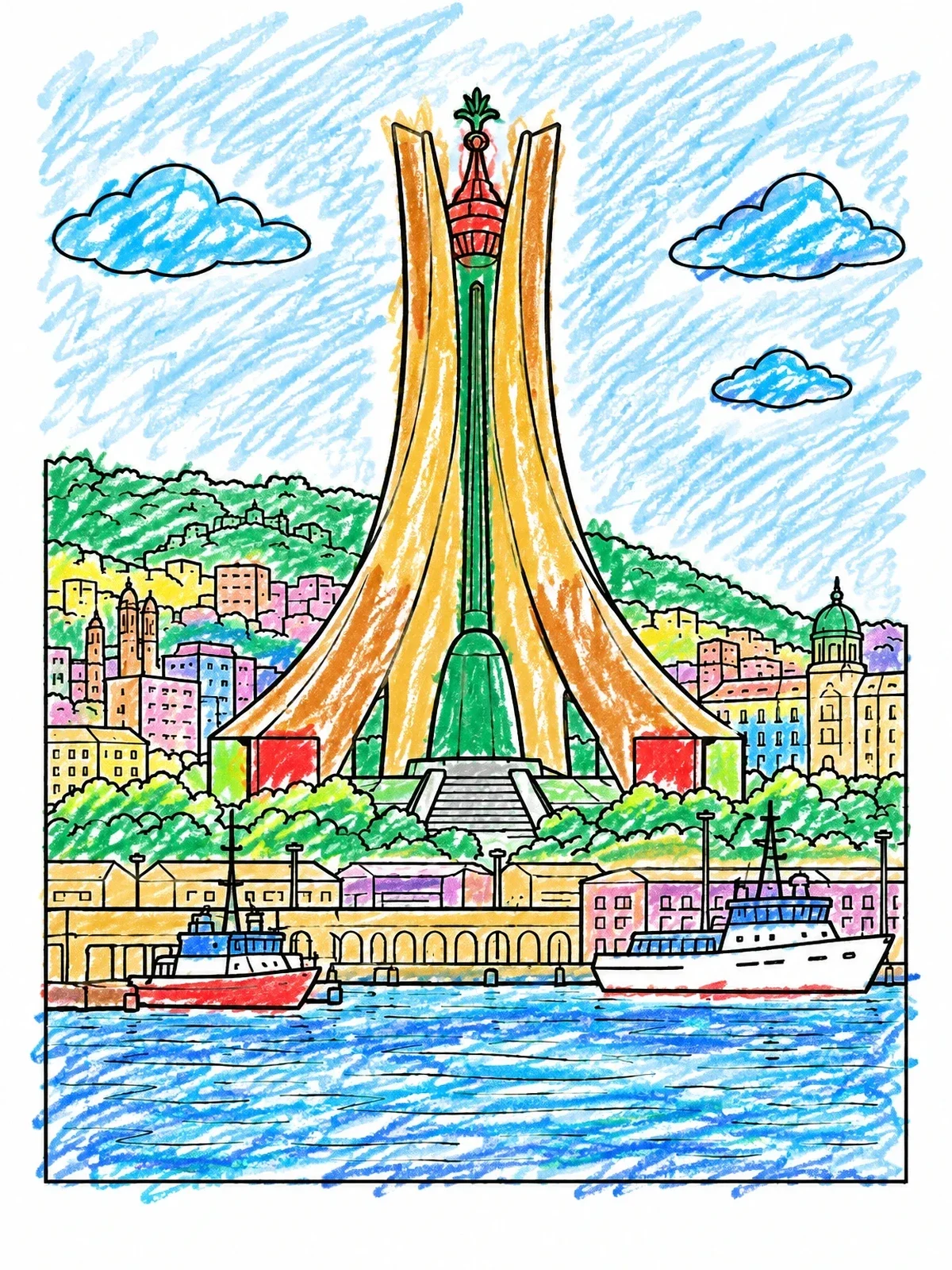 Colored example of the Martyrs' Memorial In Algiers Harbor coloring page