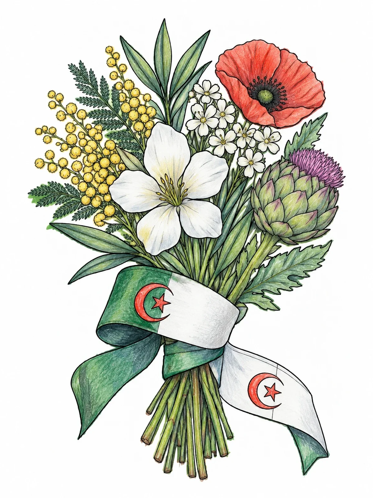 Colored example of the Algerian Floral Bouquet With Flag Ribbon coloring page