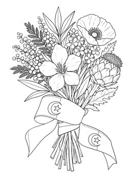 A detailed algeria coloring page featuring a bouquet of flowers tied with an Algerian flag ribbon.