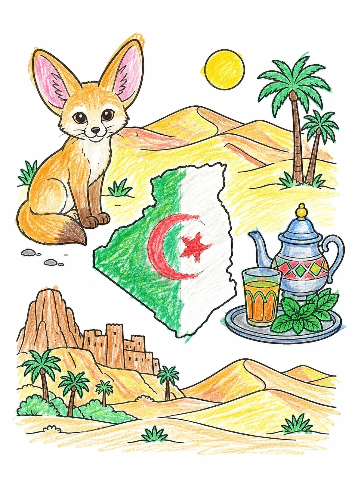 Colored example of the Algerian Map And Fennec Fox coloring page