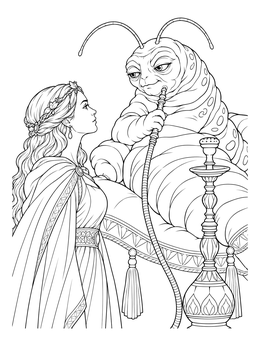 Free printable Alice Meeting The Wise Caterpillar coloring page