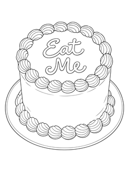 An alice in wonderland coloring page showing a decorated frosted cake with Eat Me icing text.