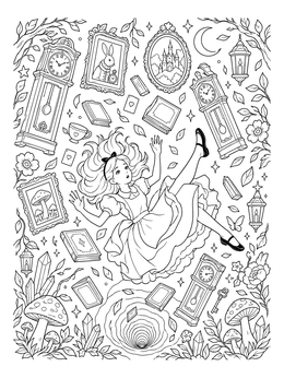 An intricate alice in wonderland coloring page showing Alice tumbling past floating clocks, framed art, and books.