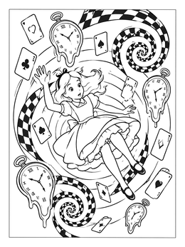 An alice in wonderland coloring page showing Alice tumbling through a swirl of cards and melting clocks.