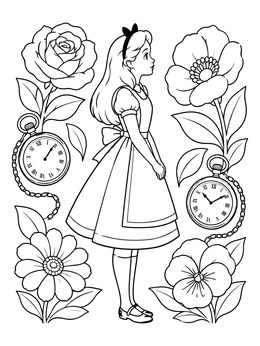 An alice in wonderland coloring page showing Alice in profile surrounded by large garden blooms and pocket watches.