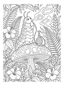 A detailed alice in wonderland coloring page showing the Caterpillar on a patterned mushroom among lush jungle flora.