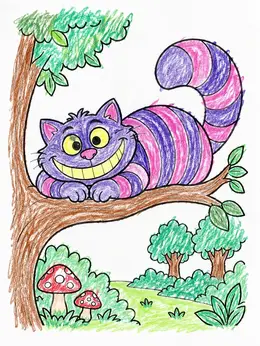 Smiling Cheshire Cat On Tree Branch – Alice In Wonderland Coloring Page