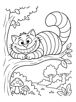 Free printable Smiling Cheshire Cat On Tree Branch coloring page