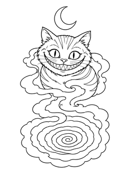 A smiling Cheshire Cat floats above smokey swirls in this alice in wonderland coloring page.
