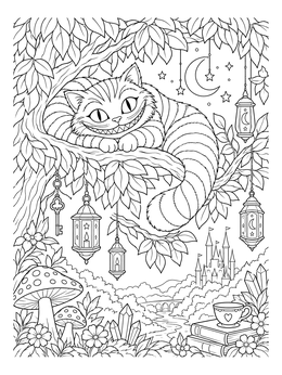 Detailed Alice in Wonderland coloring page with the grinning Cheshire Cat resting in a leafy tree with lanterns.
