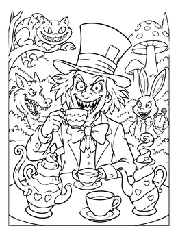Free printable Creepy Mad Hatter Tea Party coloring page