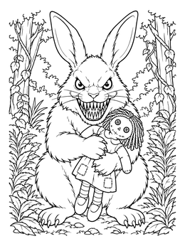 Free printable Creepy Rabbit Holding A Ragdoll coloring page