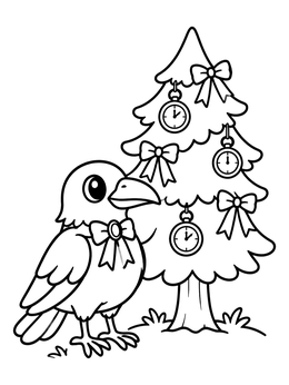 Free printable Cute Raven Beside Decorated Pine Tree coloring page