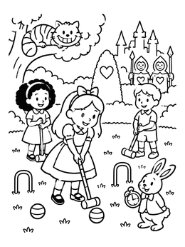 An alice in wonderland coloring page with children playing croquet in front of a castle.