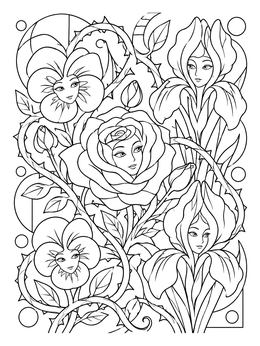 A detailed alice in wonderland coloring page featuring elegant talking flowers and vines.