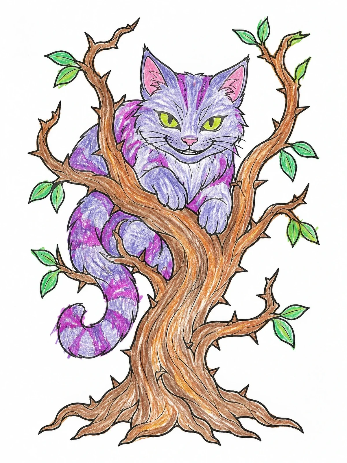 Colored example of the Grinning Cheshire Cat In Thorny Tree coloring page