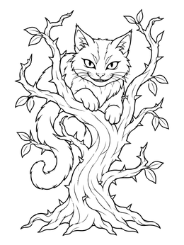 Free printable Grinning Cheshire Cat In Thorny Tree coloring page