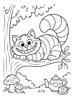 Free printable Grinning Cheshire Cat In A Tree coloring page