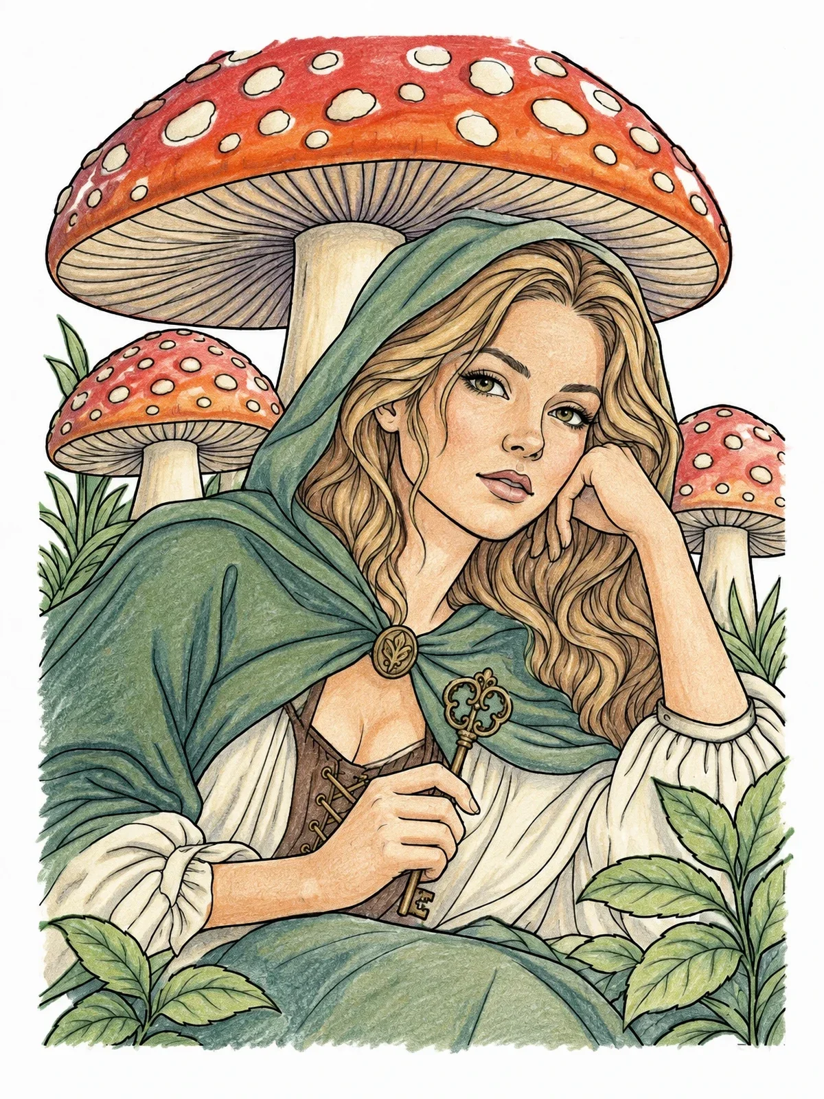 Colored example of the Fairy Tale Maiden With Key And Toadstools coloring page