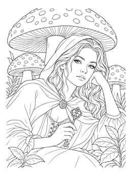 An alice in wonderland grimm fairy tales coloring page of a girl under giant toadstools holding a key.