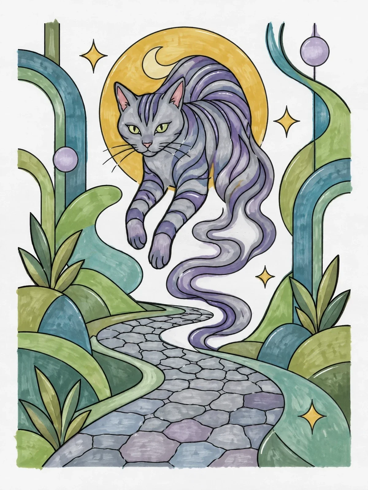 Colored example of the Mystical Cheshire Cat On Cobblestone Path coloring page