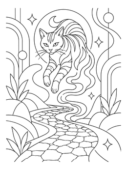 Striped Cheshire cat in this alice in wonderland grimm fairy tales coloring page hovering over a stone path.