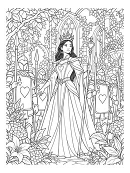 An alice in wonderland grimm fairy tales coloring page of the Queen of Hearts flanked by card soldiers in a courtyard.