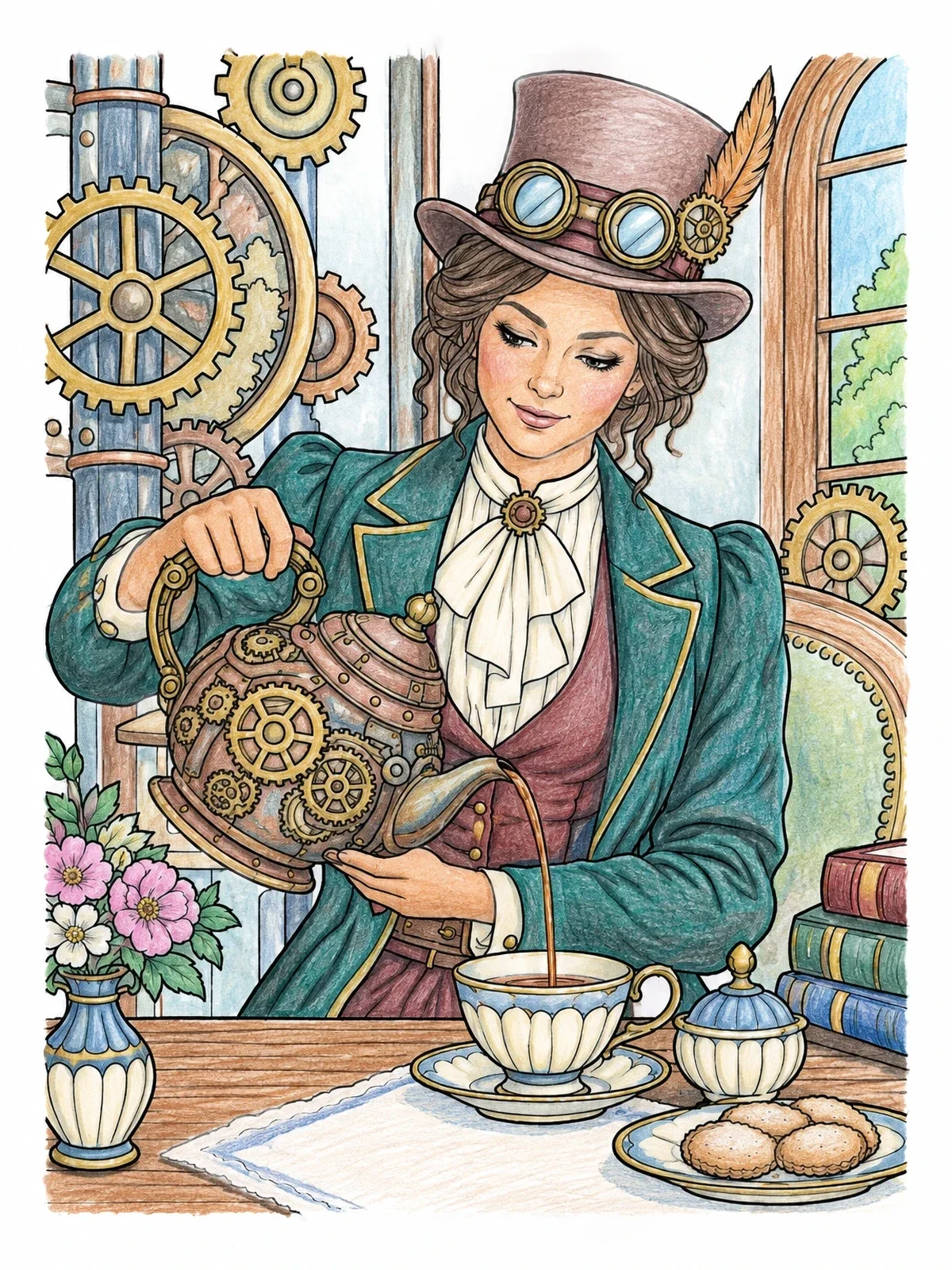 Colored example of the Steampunk Hatter Pouring Tea coloring page