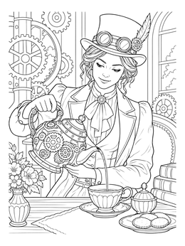 Free printable Steampunk Hatter Pouring Tea coloring page