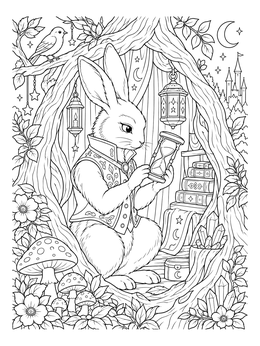 An alice in wonderland grimm fairy tales coloring page of the White Rabbit holding an hourglass inside a tree.