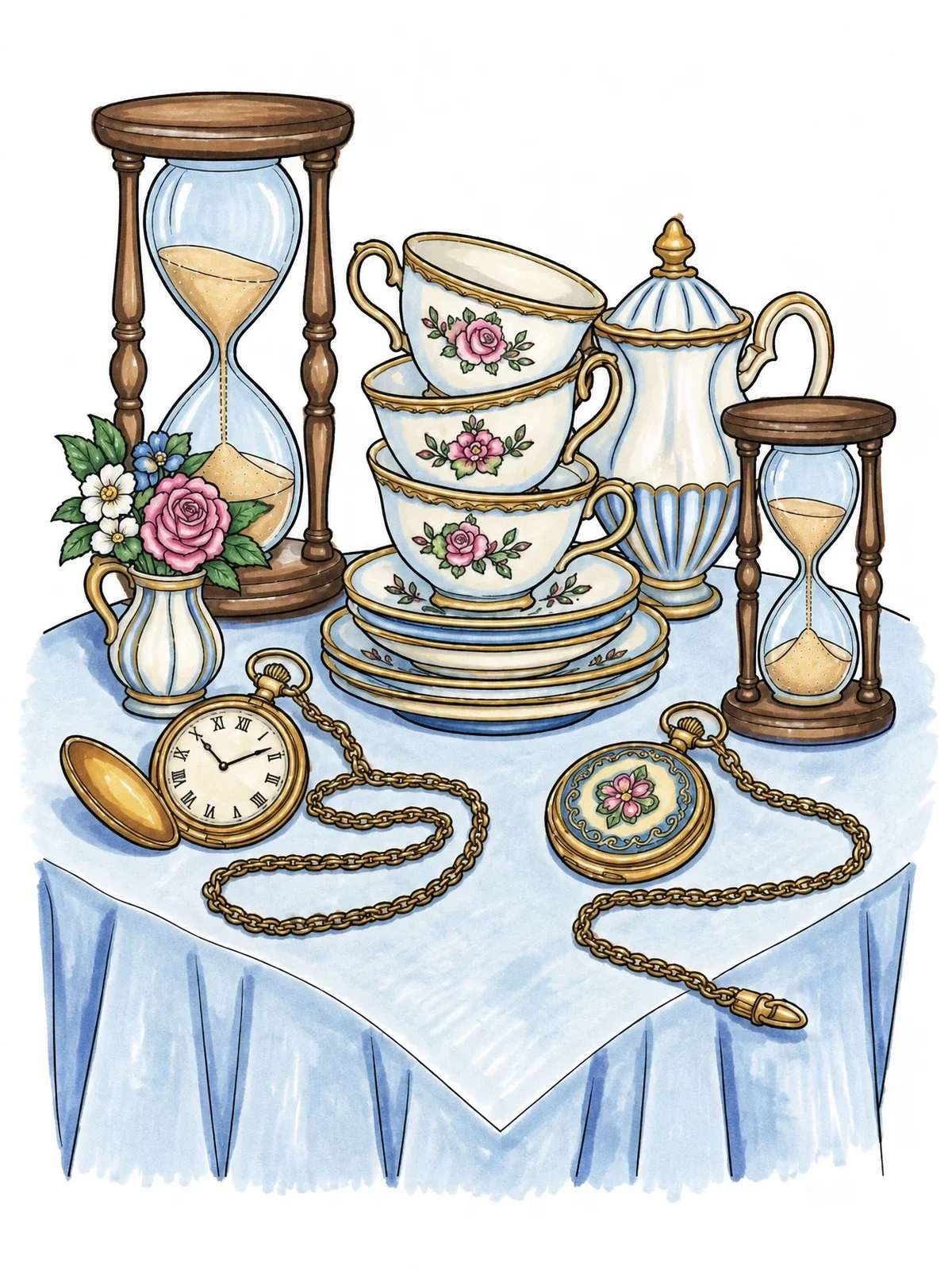 Colored example of the Wonderland Tea Time Still Life coloring page