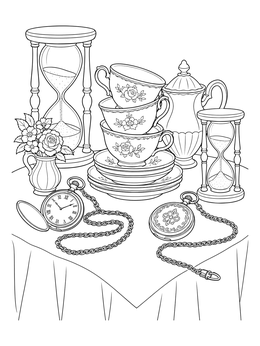 An alice in wonderland grimm fairy tales coloring page showing stacked floral teacups, pocket watches, and hourglasses.