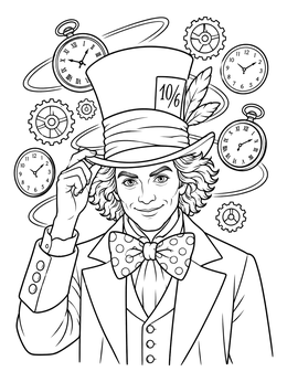 Mad Hatter tipping his top hat in an alice in wonderland coloring page with floating watches.
