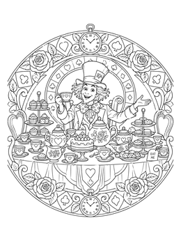 Intricate Alice in Wonderland coloring page showing the Mad Hatter hosting a lavish tea party inside an ornate frame.