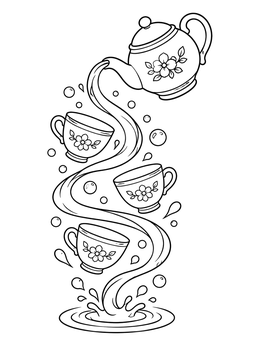 Swirling tea pours past floating cups in this whimsical alice in wonderland coloring page.