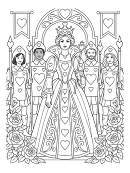 An alice in wonderland coloring page showing the majestic Queen of Hearts surrounded by card guards and roses.
