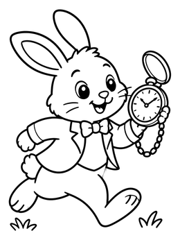 Cute White Rabbit running with a watch on this alice in wonderland coloring page.