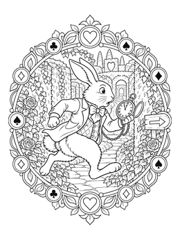 The White Rabbit checks his watch in this detailed alice in wonderland coloring page.