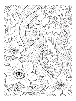 An alice in wonderland coloring page showing twisting spiral trees and surreal flowers with wide-open eyes.