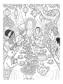Detailed alice in wonderland coloring page showing Alice and friends around an outdoor tea party table.