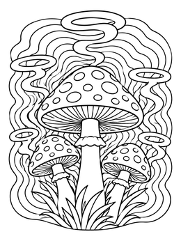 Spotted mushrooms and wavy smoke rings in this alice in wonderland coloring page.