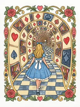 Alice Entering The Playing Card Tunnel – Alice In Wonderland Coloring Page