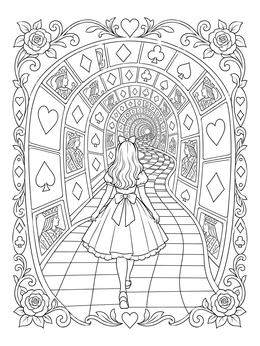 An Alice in Wonderland coloring page with Alice walking down a checkered path through a card archway.